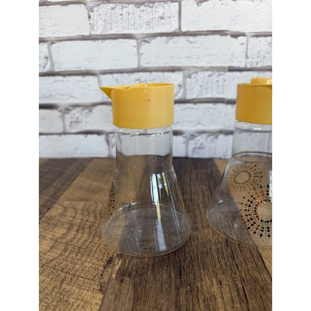 2 Pyrex Atomic Sunburst Dressing Dispenser Condiment Syrup Glass Plastic Lids